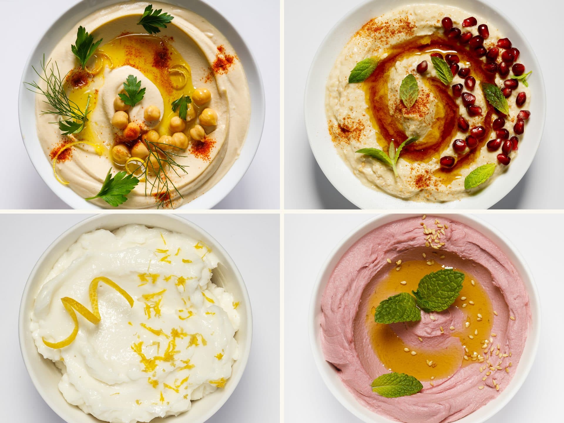 Four Smart Gourmet products: Classic Hummus, Baba Ghanouj, Whipped Toum and Beetroot Hummus bowls